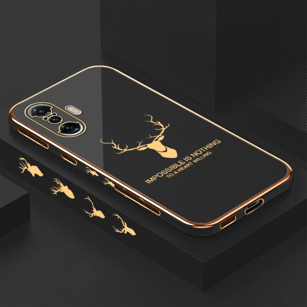 Luxury 6D Plating Case for Redmi K40 Gaming Alphabet Lucky Deer Side Pattern Back Cover Soft Silicone Square Frame Shiny Bling Phone Cases + Free Lanyard