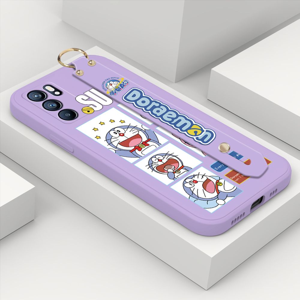 Hontinga for OPPO Reno6 5G Wrist Strap Case Cute Cute Cartoon Blue Cat Daily Life Cover Square Edge Liquid Silicone Creative Phone Protective Cases
