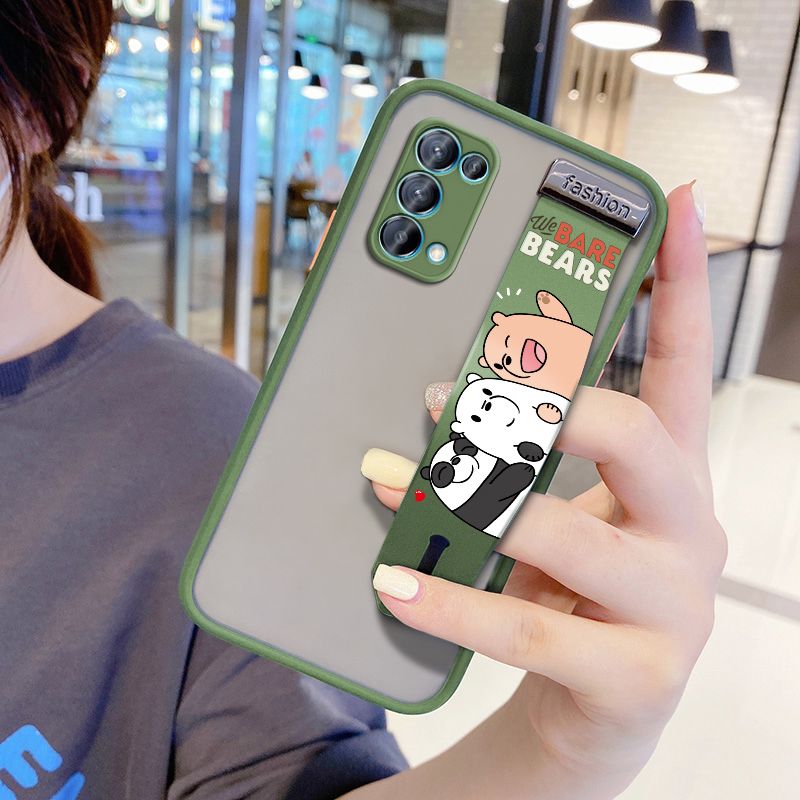 UCUC for OPPO Reno 5 5G Wrist Strap Case Cute Cartoon Three Little Bears Wristband Printing Cover Shockproof Frosted Phone Case