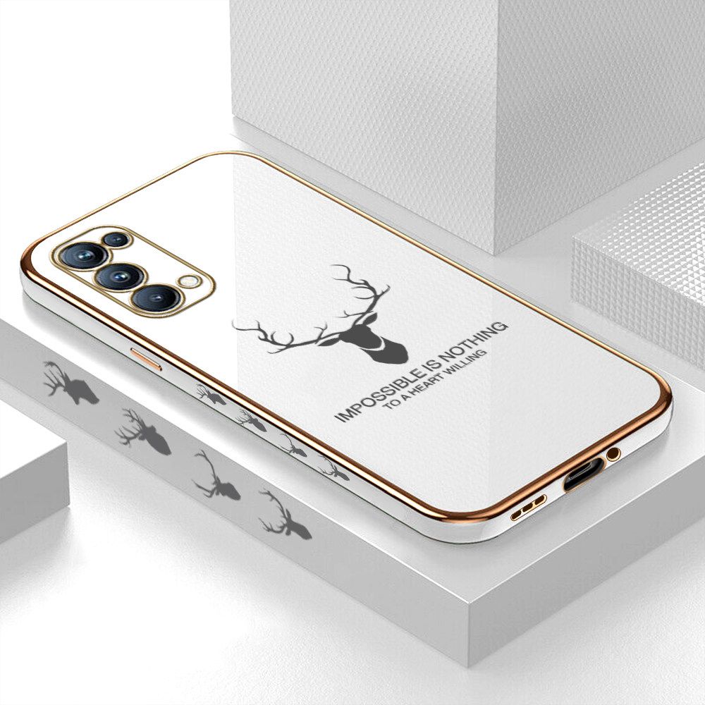 Luxury 6D Plating Case for OPPO Reno5 Pro 5G Alphabet Lucky Deer Side Pattern Back Cover Soft Silicone Square Frame Shiny Bling Phone Cases + Free Lanyard