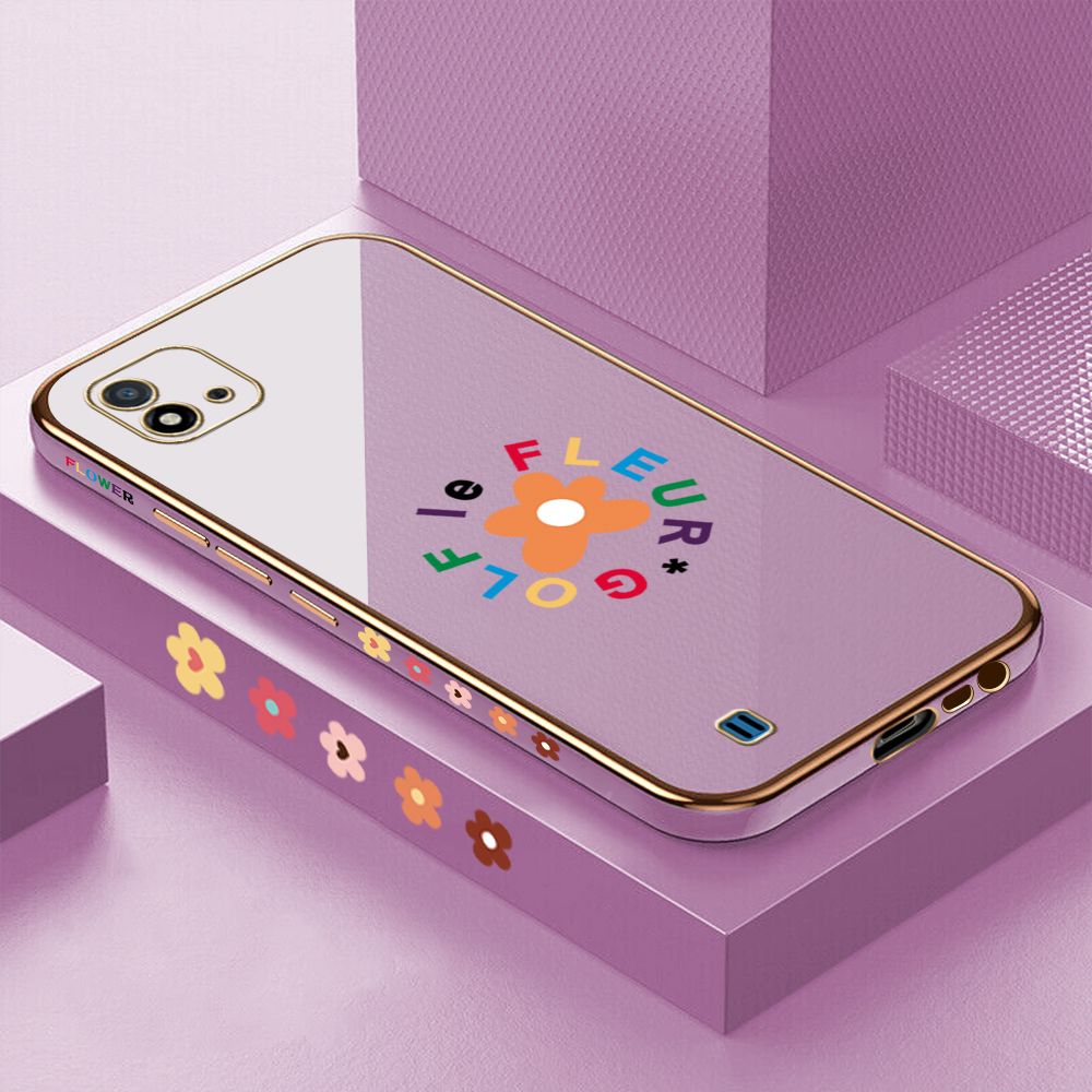 Luxury 6D Plating Case for Realme C11 2021 Cartoon Flower Side Pattern Back Cover Soft Silicone Square Phone Cases + Free Lanyard