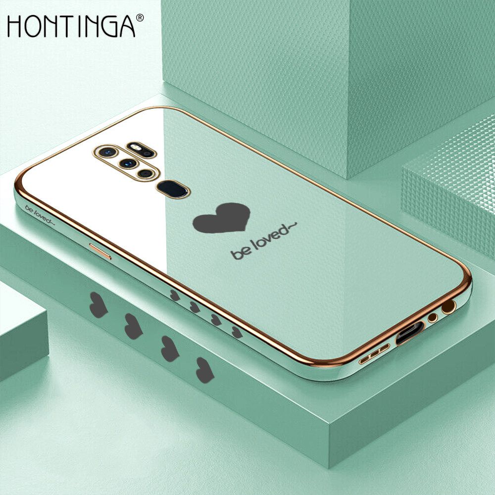 Hontinga for OPPO A5 2020 / A9 2020 Luxury 6D Plating Soft Casing Silicone Square Frame Phone Case Shiny Bling Back Cover Lover Heart Side Pattern Case