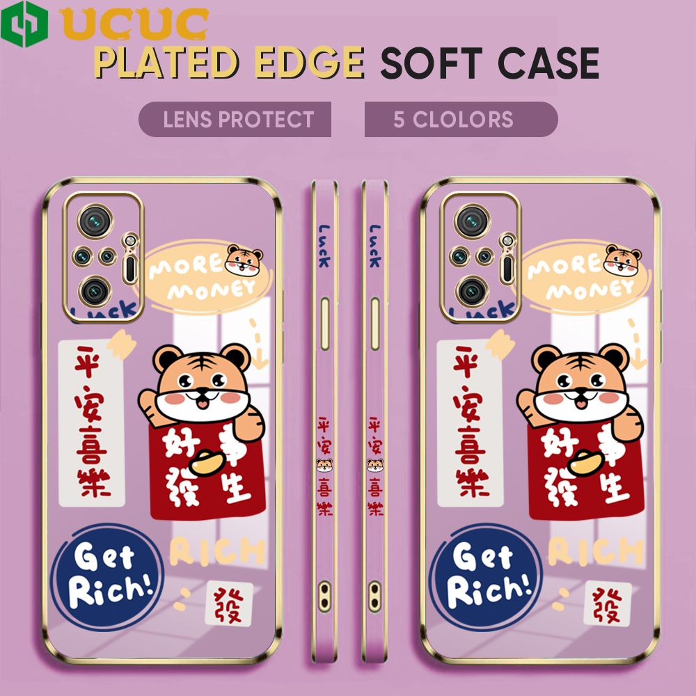 UCUC for Xiaomi Redmi Note 10 Pro Back Cover + Free Lanyard Auspicious Luxury 6D Plating Case Side Pattern Soft Silicone Square Mobile Phone Cases