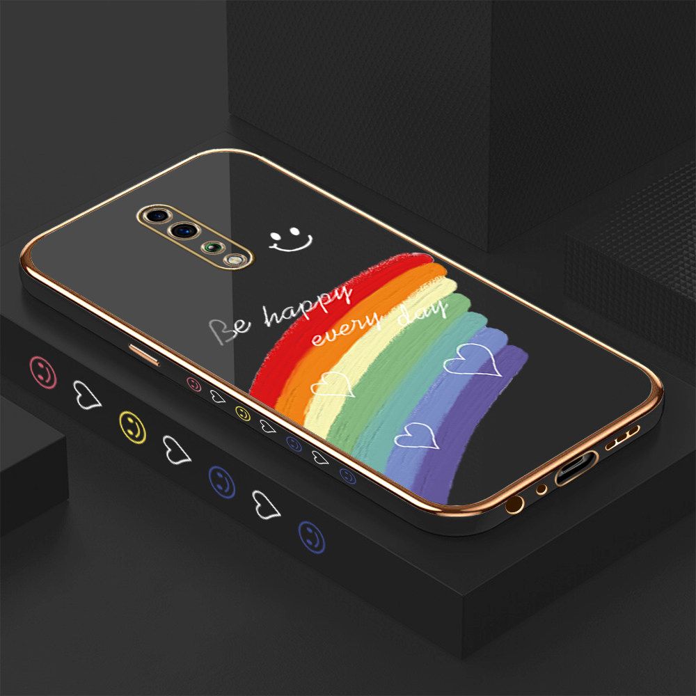 Luxury 6D Plating Case for OPPO Reno Z Smile Rainbow Lover Heart Side Pattern Back Cover Soft Silicone Square Frame Shiny Bling Phone Cases + Free Lanyard