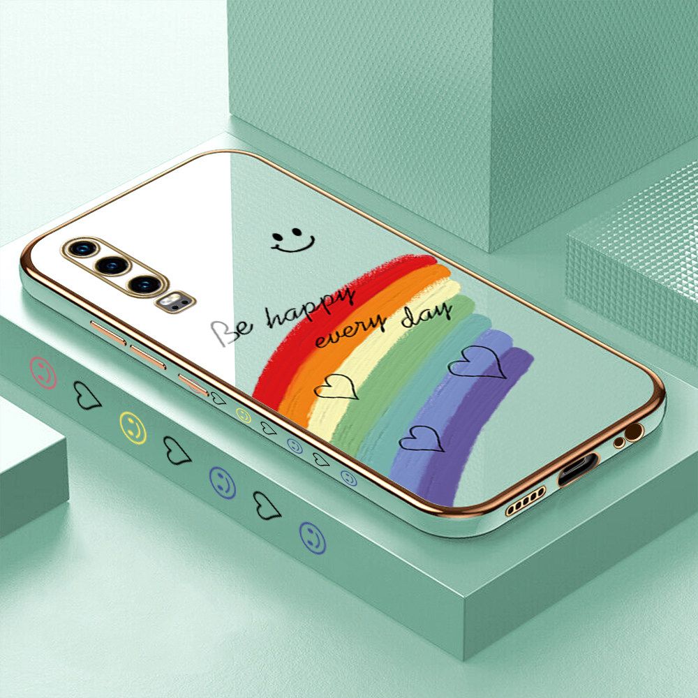 Luxury 6D Plating Case for Huawei P30 Smile Rainbow Lover Heart Side Pattern Back Cover Soft Silicone Square Frame Shiny Bling Phone Cases + Free Lanyard