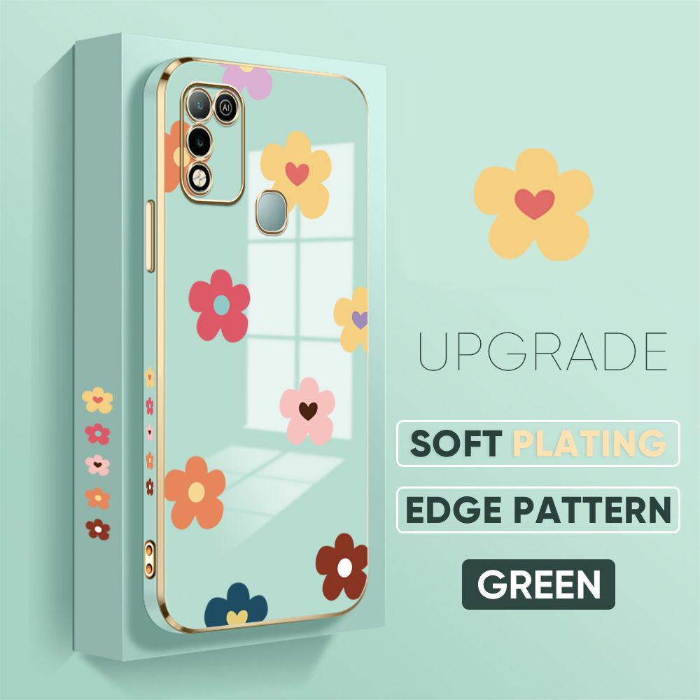 Jizetin (Free Lanyard) Infinix Hot 10 Play / Hot 11 Play Back Cover Falling Flowers Luxury 6D Plating Case Side Pattern Soft Silicone Square Phone Cases