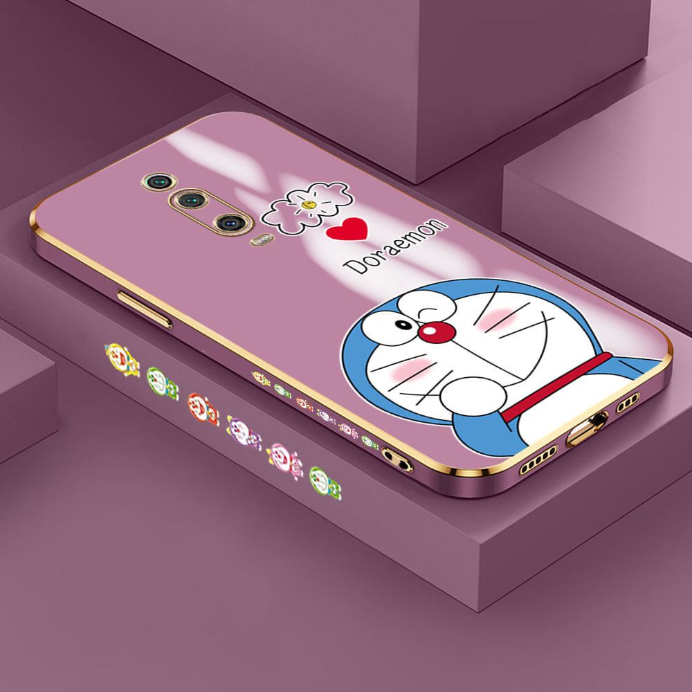Hontinga for Redmi K20 / K20 Pro / Xiaomi Mi 9T / 9T Pro Back Cover + Free Lanyard Luxury 6D Plating Grinning Cartoon Cat Side Pattern Case Soft Silicone Square Mobile Cover