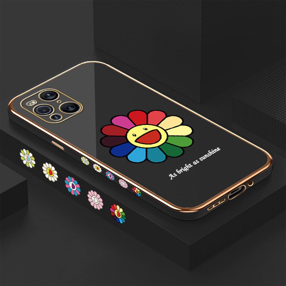 Luxury 6D Plating Case for OPPO Find X3 Colored Sunflower Side Pattern Back Cover Soft Silicone Square Frame Shiny Bling Phone Cases + Free Lanyard