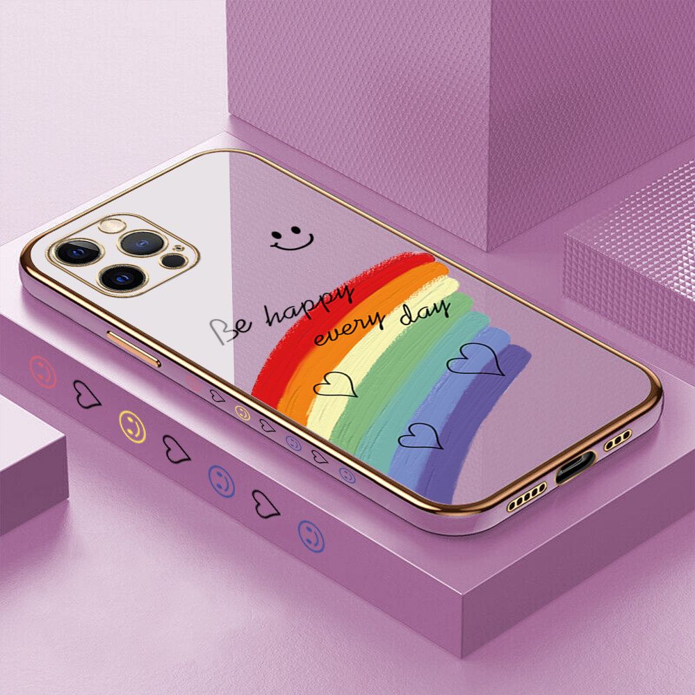 Luxury 6D Plating Case for iPhone 12 Pro Smile Rainbow Lover Heart Side Pattern Back Cover Soft Silicone Square Frame Shiny Bling Phone Cases + Free Lanyard