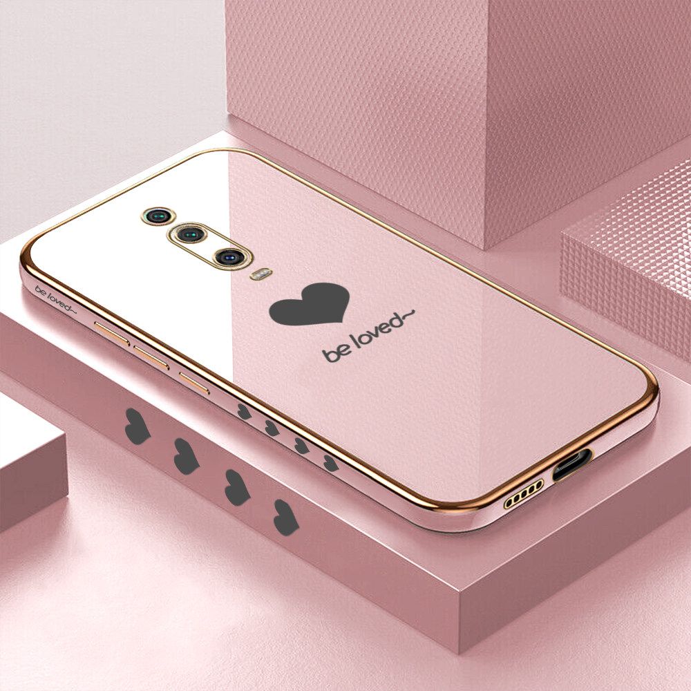 Luxury 6D Plating Soft Casing Silicone Square Frame Phone Case For Xiaomi 9T Case Shiny Bling Back Cover Lover Heart Square Edge Pattern Design Soft Case + Free Lanyard