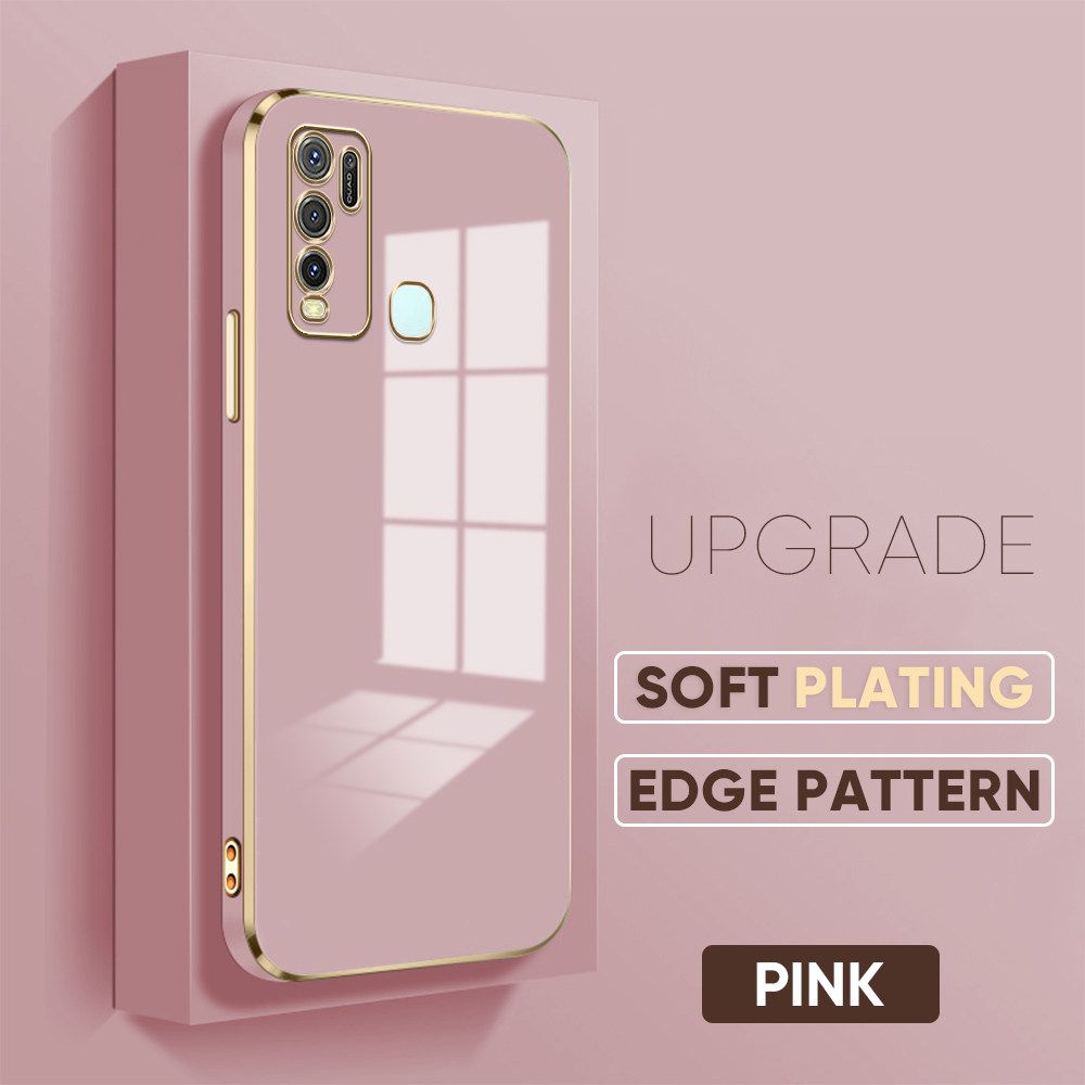 TA for Vivo Y30i Cover Luxury 6D Plating Soft Casing Silicone Square Frame Phone Case Shiny Bling Back Cover + Free Lanyard
