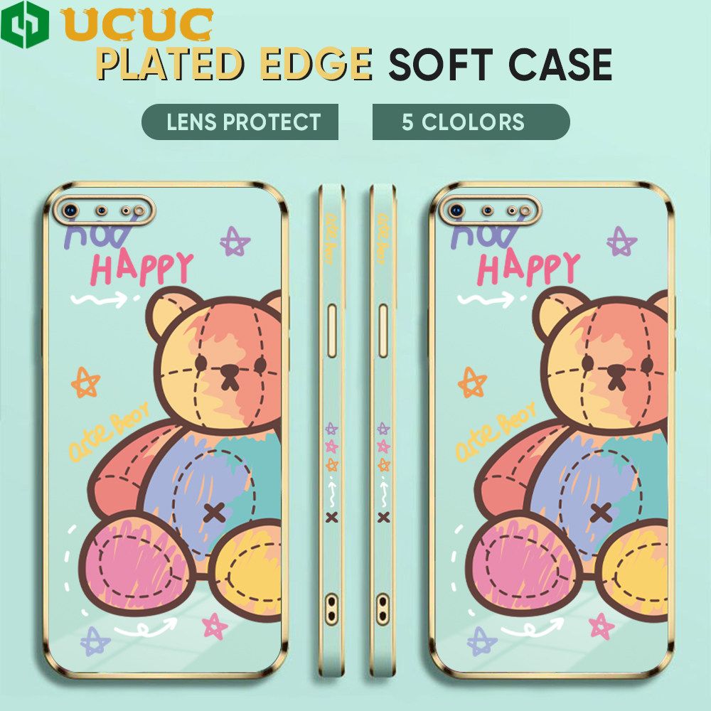 UCUC for iPhone 7 Plus 8 Plus Back Cover + Free Lanyard Colorful Muppet Bear Luxury 6D Plating Case Side Pattern Soft Silicone Square Phone Cases