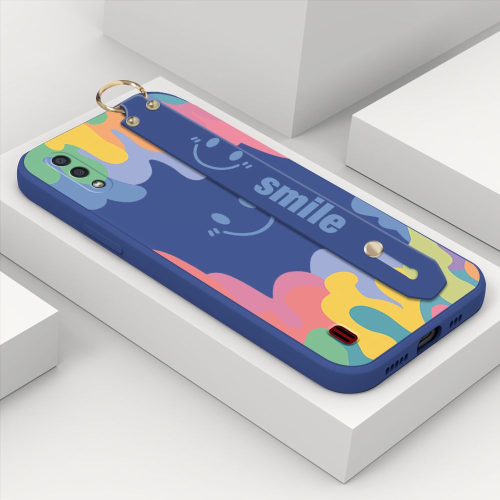 ZeroQiQi for Samsung Galaxy A01 Wrist Strap Case Soft Candy Color Splash Ink Cover Trend Square Printed Pattern Liquid Silicone Phone Case
