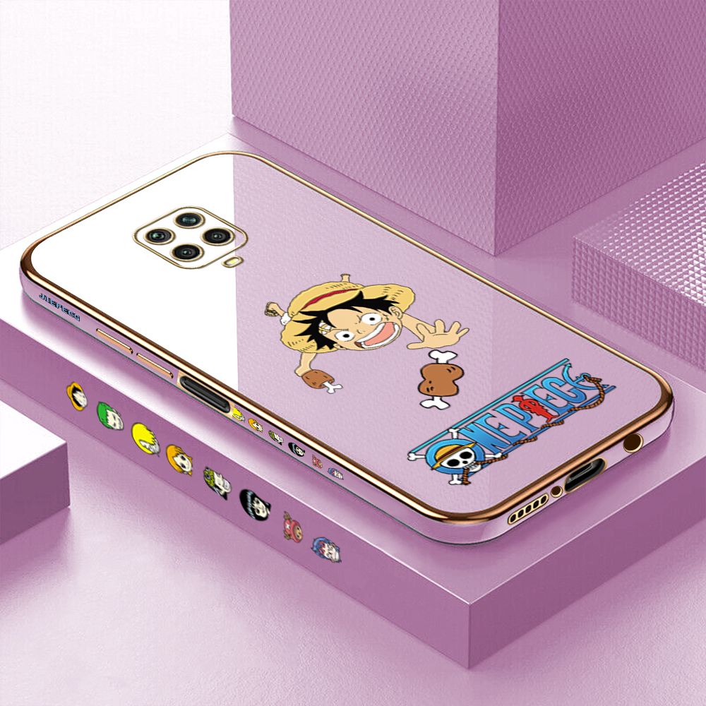 Luxury 6D Plating Case for Xiaomi Redmi Note 9 Pro Max Cartoon Meaty Luffy Side Pattern Back Cover Soft Silicone Square Phone Cases + Free Lanyard