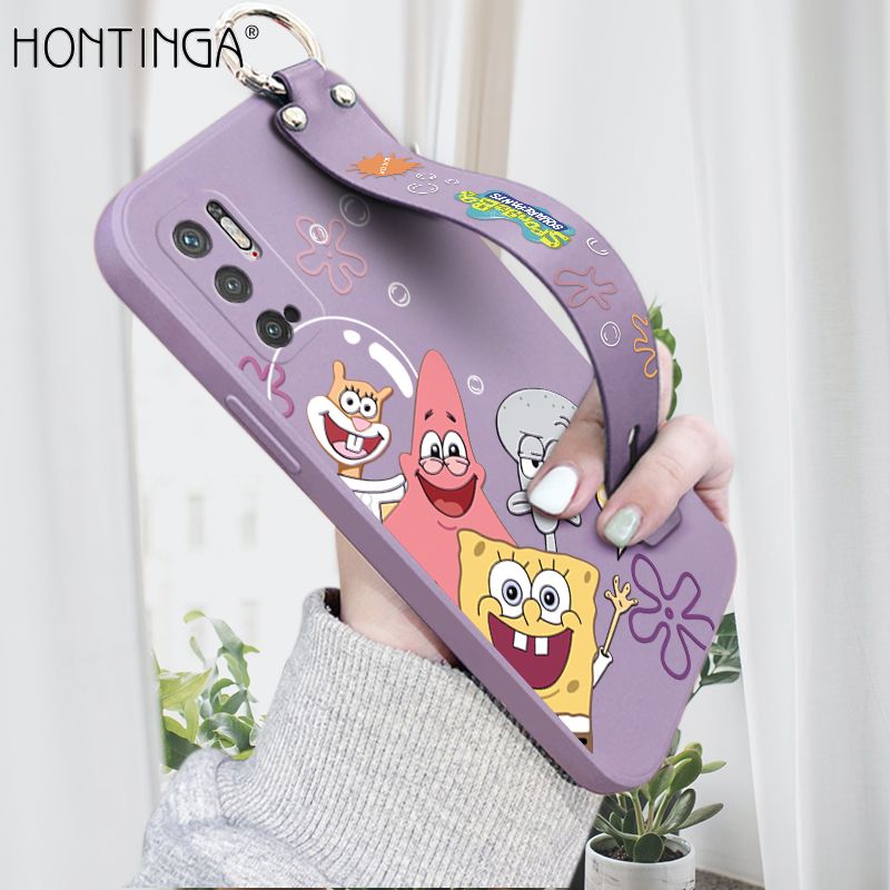 Hontinga for Xiaomi Poco M3 Pro 4G / 5G / Redmi Note 10 5G Wrist Strap Case Cute Cute Funny Cartoon Sponge for Square Pants Cover Square Edge Liquid Silicone Anti-drop Phone Case