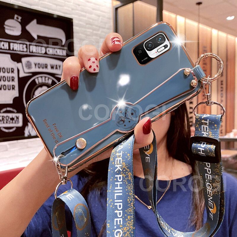 For Xiaomi POCO M3 Pro 5G Cover with [Lanyard + Wrist Strap Stand Holder] Ultra Thin Plating Bumper Phone Case Camera Lens Protection Soft TPU Silicone Shockproof Protective Back Cover
