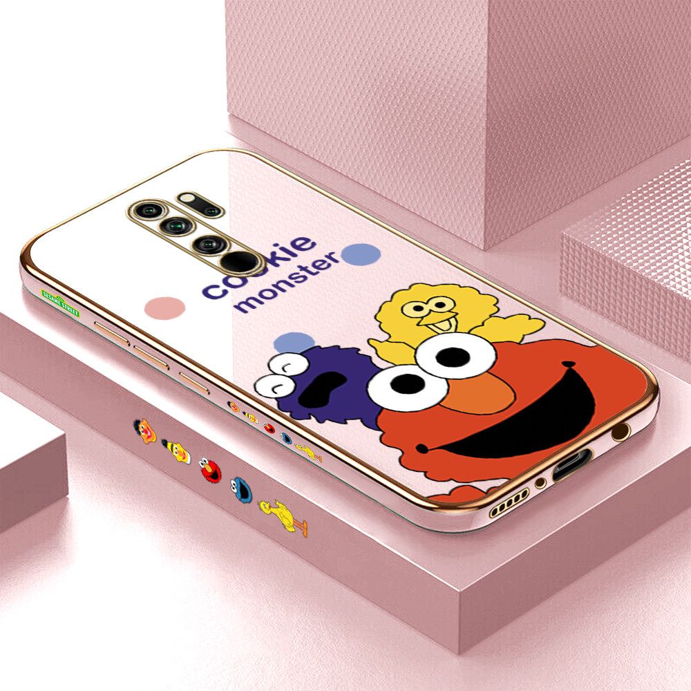Luxury 6D Plating Case for Redmi Note 8 Pro Color Cute Cartoon Sesame Monsters Side Pattern Back Cover Soft Silicone Square Frame Shiny Bling Phone Cases + Free Lanyard