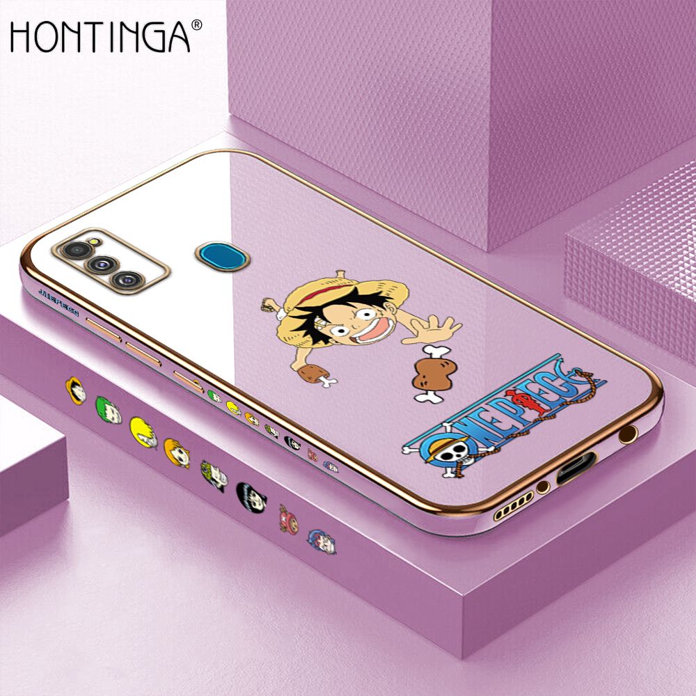 Hontinga for Samsung M21 M30S Back Cover + Free Lanyard Luxury 6D Plating Cartoon Meaty Luffy Side Pattern Case Soft Silicone Square Mobile Cover