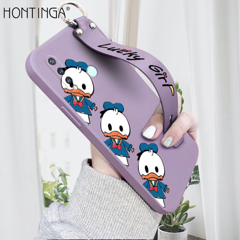Hontinga for Vivo Y19 Wrist Strap Case Cute Cartoon Little Duck Phone Case Square Edge Liquid Silicone Case Full Cover Camera Shockproof Protective Cases