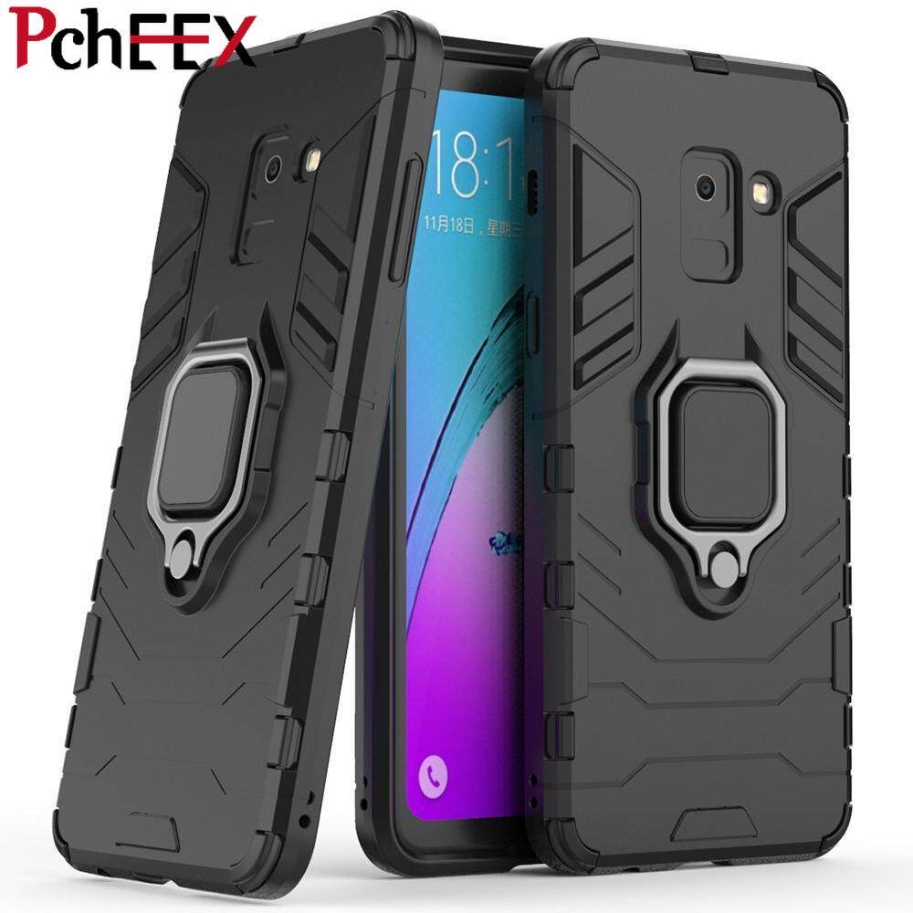 For Samsung Galaxy A8 2018 Phone Case, Silicone TPU and Hard PC Luxury Armor Shockproof Metal Ring Holder Cover Casing
