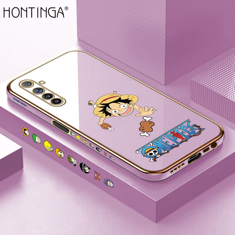 Hontinga for Realme 6 / Narzo Back Cover + Free Lanyard Luxury 6D Plating Cartoon Meaty Luffy Side Pattern Case Soft Silicone Square Mobile Cover