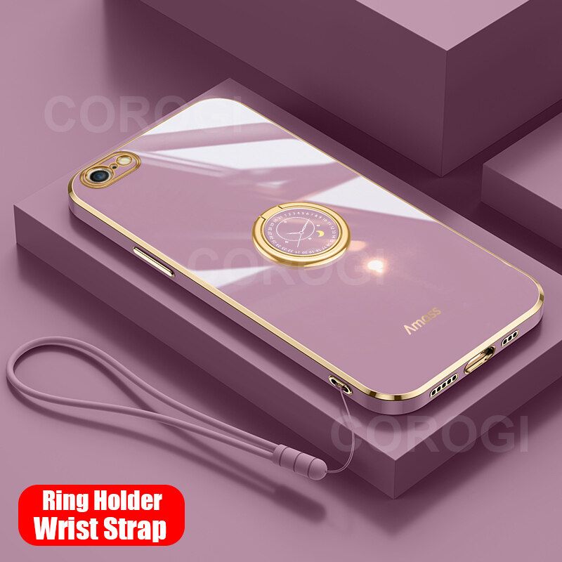 For iPhone 6s / iPhone 6 Back Cover with Ring Holder Stand + Wrist Strap Shiny Plating Square Bumper Protective Case Soft Silicone Shockproof Mobile Phone Cases