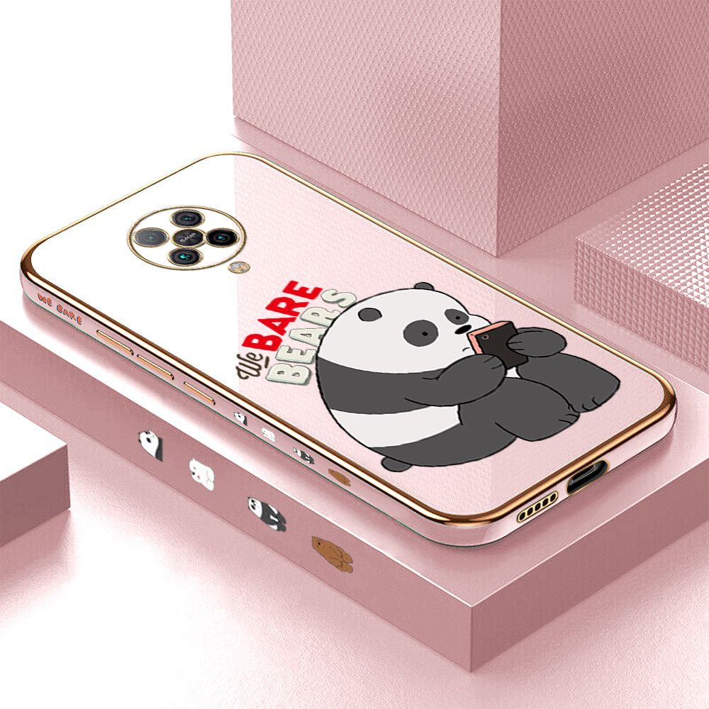 Luxury 6D Plating Case for Redmi K30 Pro Cartoon Panda Side Pattern Back Cover Soft Silicone Square Frame Shiny Bling Phone Cases + Free Lanyard
