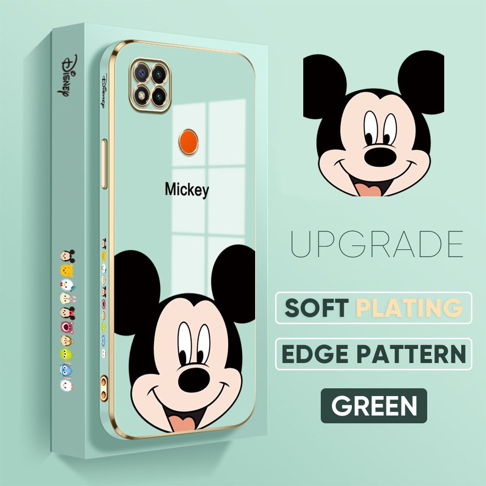 Jizetin (Free Lanyard) Redmi 9C / Redmi 10A Back Cover Cartoon Mouse Luxury 6D Plating Case Side Pattern Soft Silicone Square Phone Cases