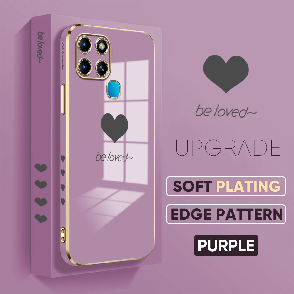 Jizetin (Free Lanyard) Infinix Smart 6 Back Cover Heart loved Luxury 6D Plating Case Side Pattern Soft Silicone Square Phone Cases