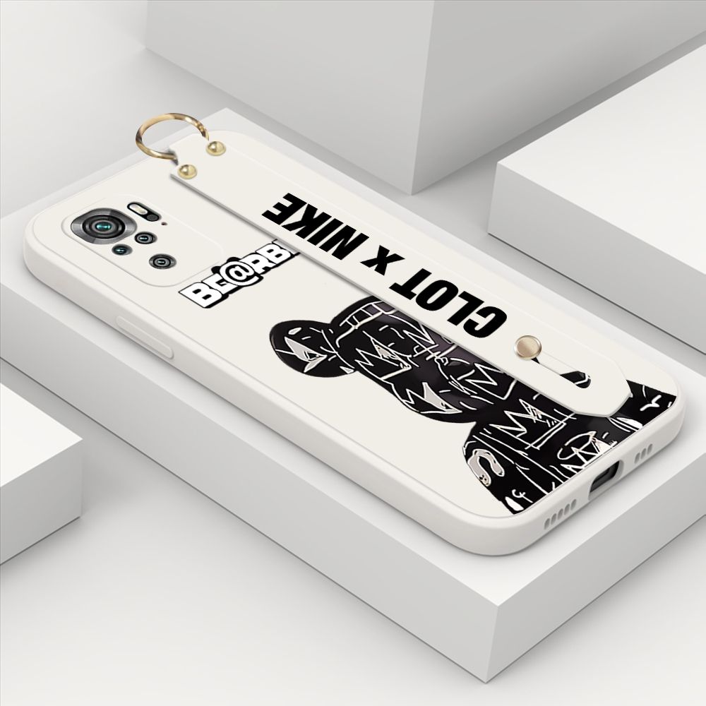 ZeroQiQi for Xiaomi Redmi Note 10 Wrist Strap Case Fashion Black Brand Bear Phone Case Square Edge Liquid Silicone Cases Full Cover Camera Shockproof Protection Cases