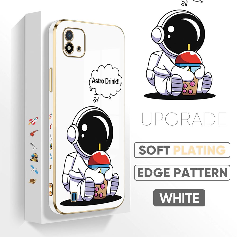 TA for Realme C20A / Realme C20 / Realme C11 2021 Back Cover + Free Lanyard Cute Astronaut Luxury 6D Plating Case Side Pattern Soft Silicone Square Phone Cases
