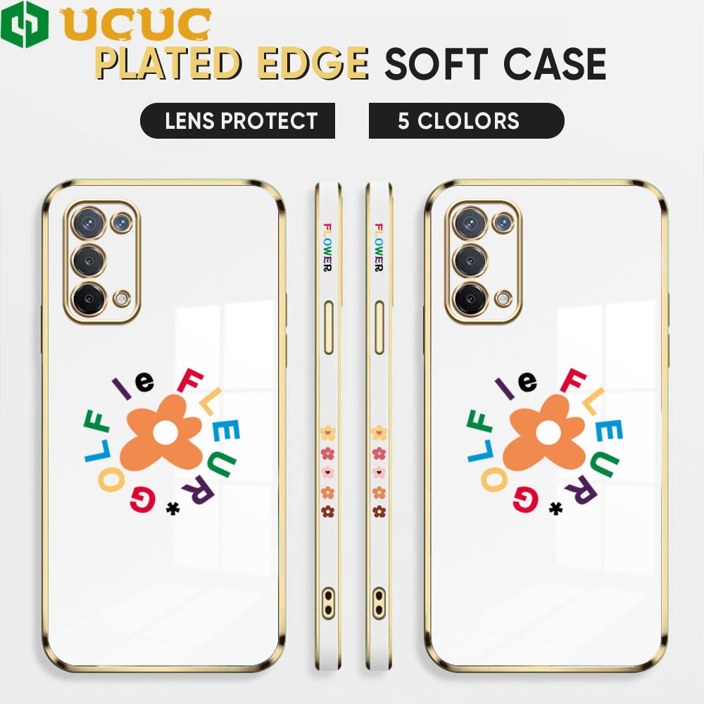 UCUC for OPPO A74 5G Back Cover + Free Lanyard Colorful Flower Luxury 6D Plating Case Side Pattern Soft Silicone Square Phone Cases