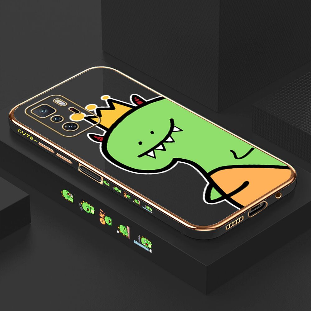 Luxury 6D Plating Case for Xiaomi Poco X3 GT Cute Little Dinosaur Side Pattern Back Cover Soft Silicone Square Frame Shiny Bling Phone Cases + Free Lanyard
