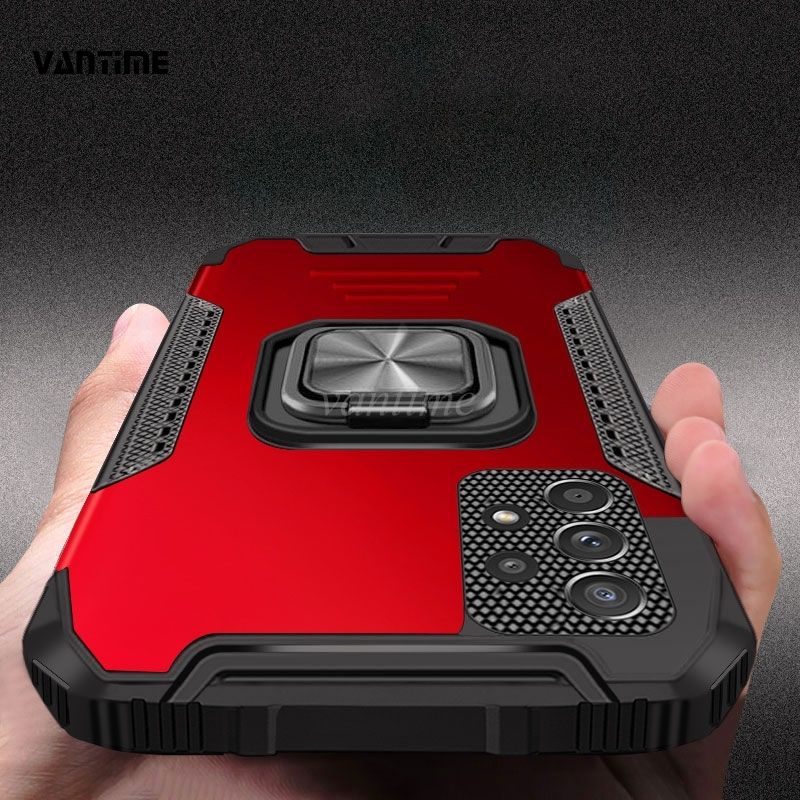 Vantime for Samsung Galaxy A72 Case Camera Protect Metal ring finger stand holder Matte Back Cover