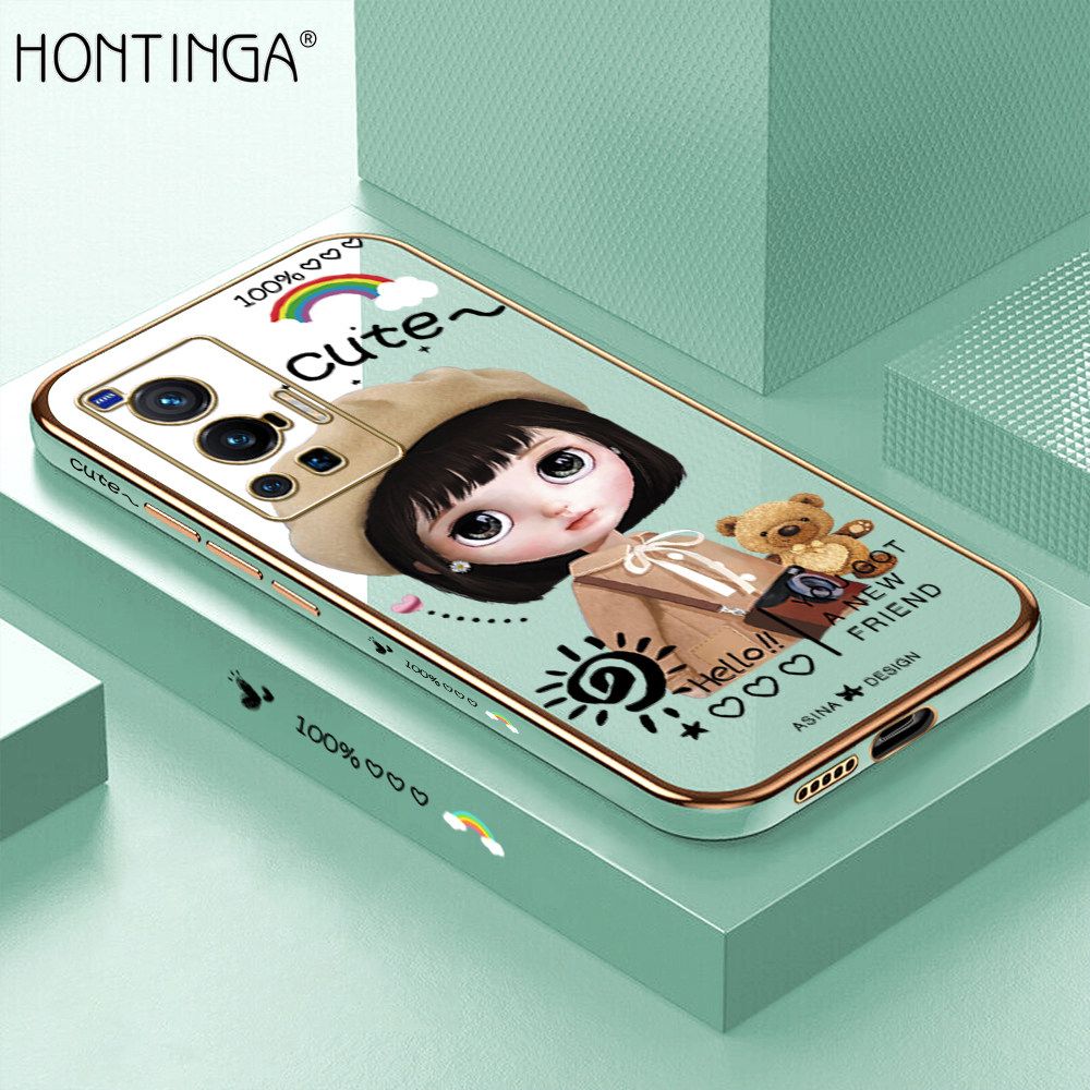 Hontinga for Vivo X70 Pro 5G Back Cover + Free Lanyard Luxury 6D Plating Cute Satchel Girl Side Pattern Case Soft Silicone Square Mobile Cover