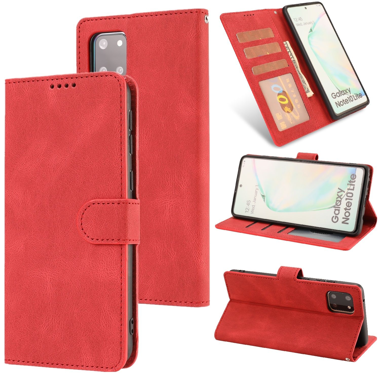 （Ready Stock)For Samsung Galaxy Note 10 Lite Fantasy Classic Skin-feel Calfskin Texture Magnetic Buckle Horizontal Flip PU Leather Case with Holder & Card Slot & Wallet(Red)