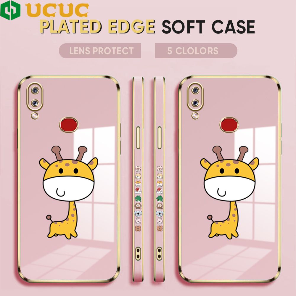 UCUC for Samsung Galaxy A10S Back Cover + Free Lanyard Big Head Giraffe Luxury 6D Plating Case Side Pattern Soft Silicone Square Phone Cases