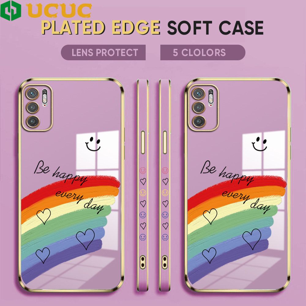 UCUC for Xiaomi Poco M3 Pro / Redmi Note 10 5G Back Cover + Free Lanyard Rainbow Doodle Luxury 6D Plating Case Side Pattern Soft Silicone Square Phone Cases