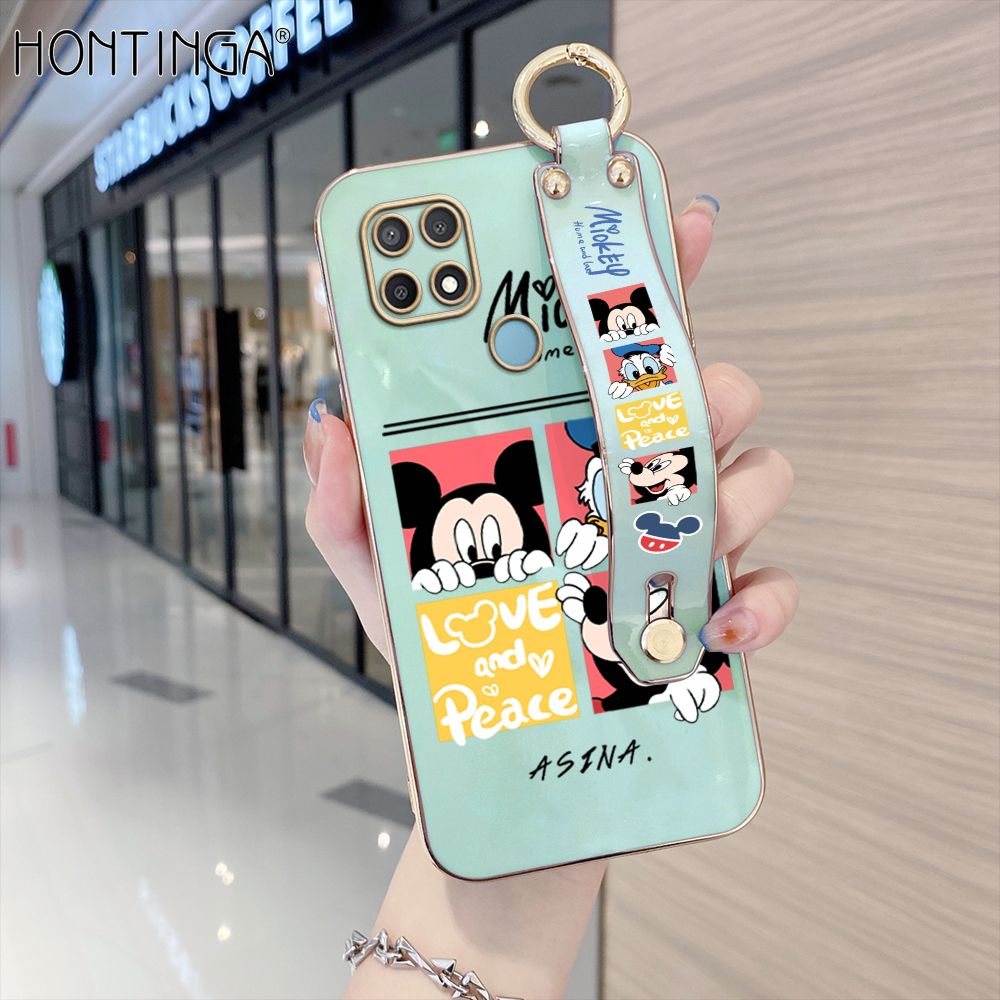 Hontinga for OPPO A15 / A15S Back Cover With Wristband Luxury 6D Plating Cartoon Case Soft Silicone Square Phone Cases
