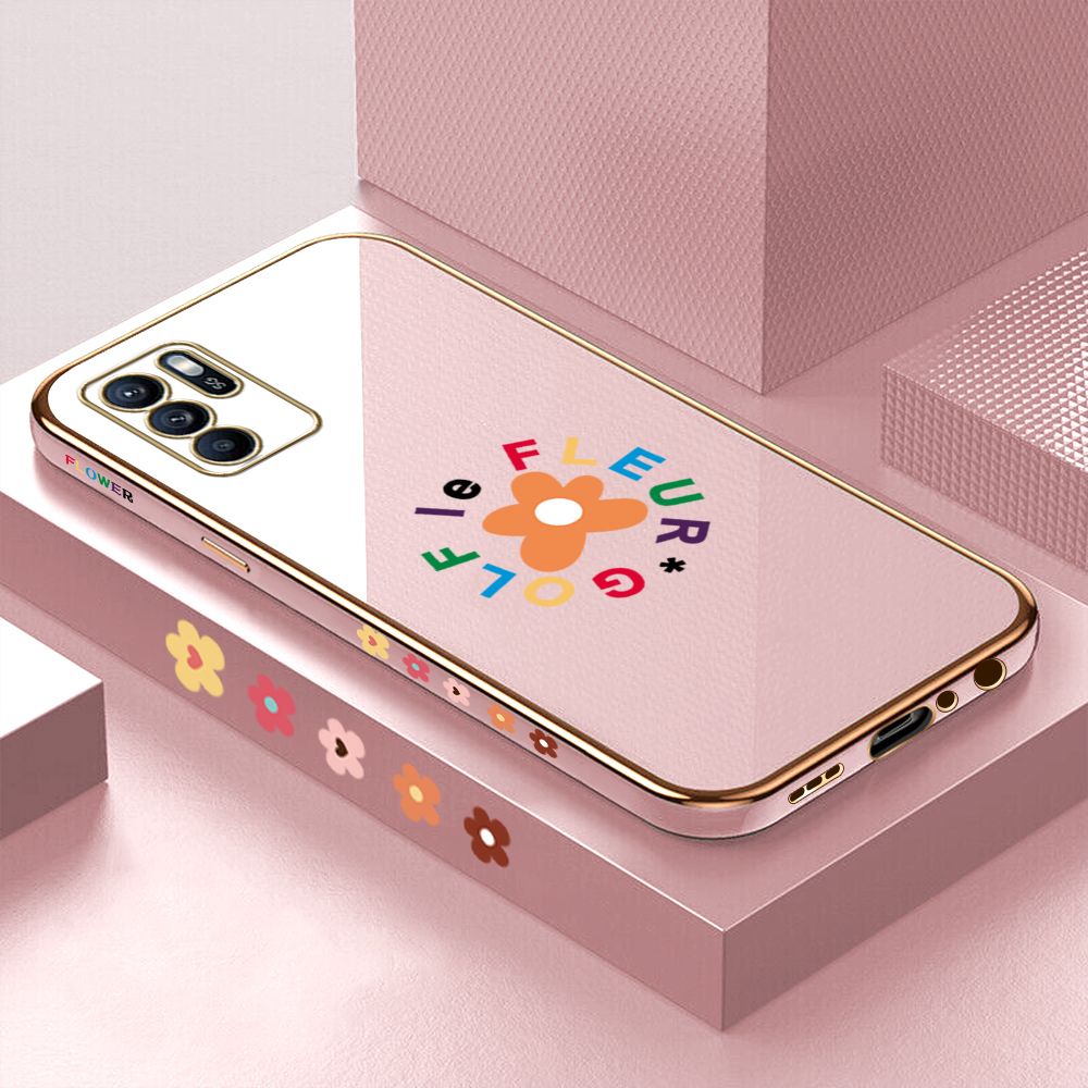 Luxury 6D Plating Case for OPPO Reno6 Z 5G Cartoon Flower Side Pattern Back Cover Soft Silicone Square Phone Cases + Free Lanyard