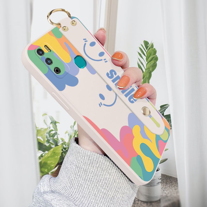Jizetin for Infinix Hot 9 Play Wrist Strap Case Soft Candy Color Splash Ink Cover Ultra Thin Anti Fall Liquid Silicone Phone Case