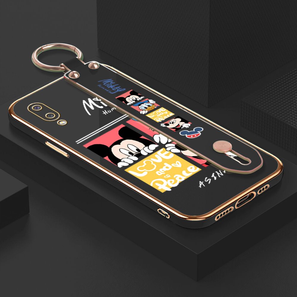 Jizetin for Samsung Galaxy A02 / M02 Back Cover Lovely Mouse Luxury 6D Plating Wrist Strap Phone Cases Soft Silicone Square Mobile Phone Case