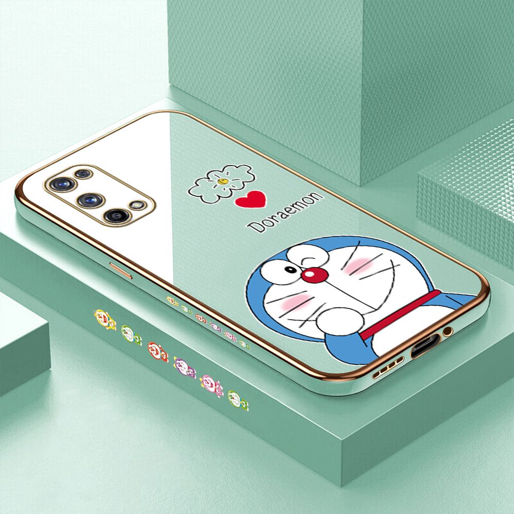 Luxury 6D Plating Case for Realme X7 Pro 5G Cartoon Giggle Meow Side Pattern Back Cover Soft Silicone Square Phone Cases + Free Lanyard