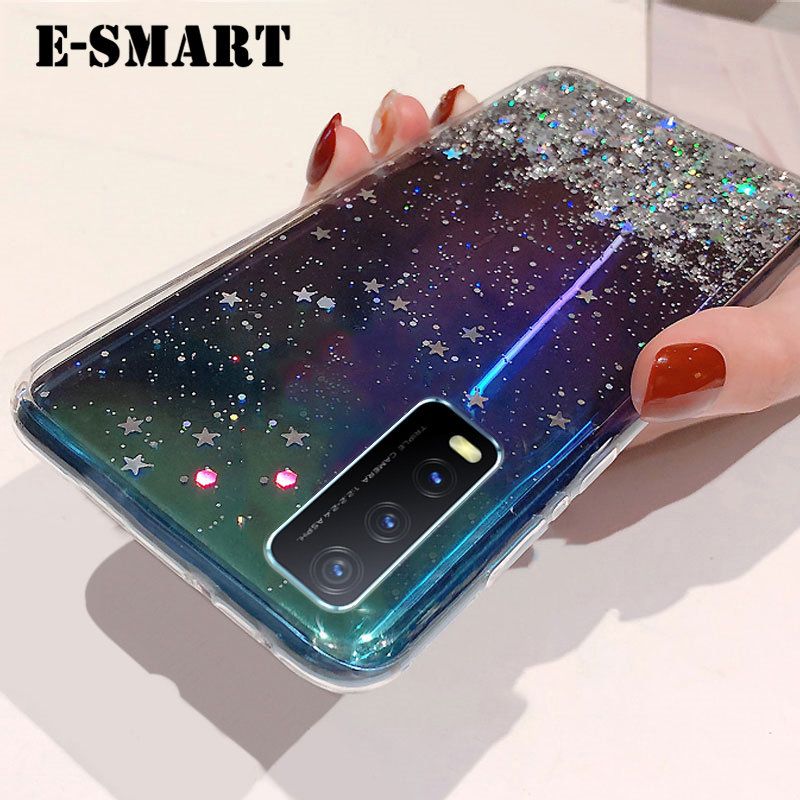 For Vivo Y12S Case Glitter Silicone Soft Back Covers Starry Sky String Glitter Transparent Space Stars Moon Vivo Y12S Back Cover