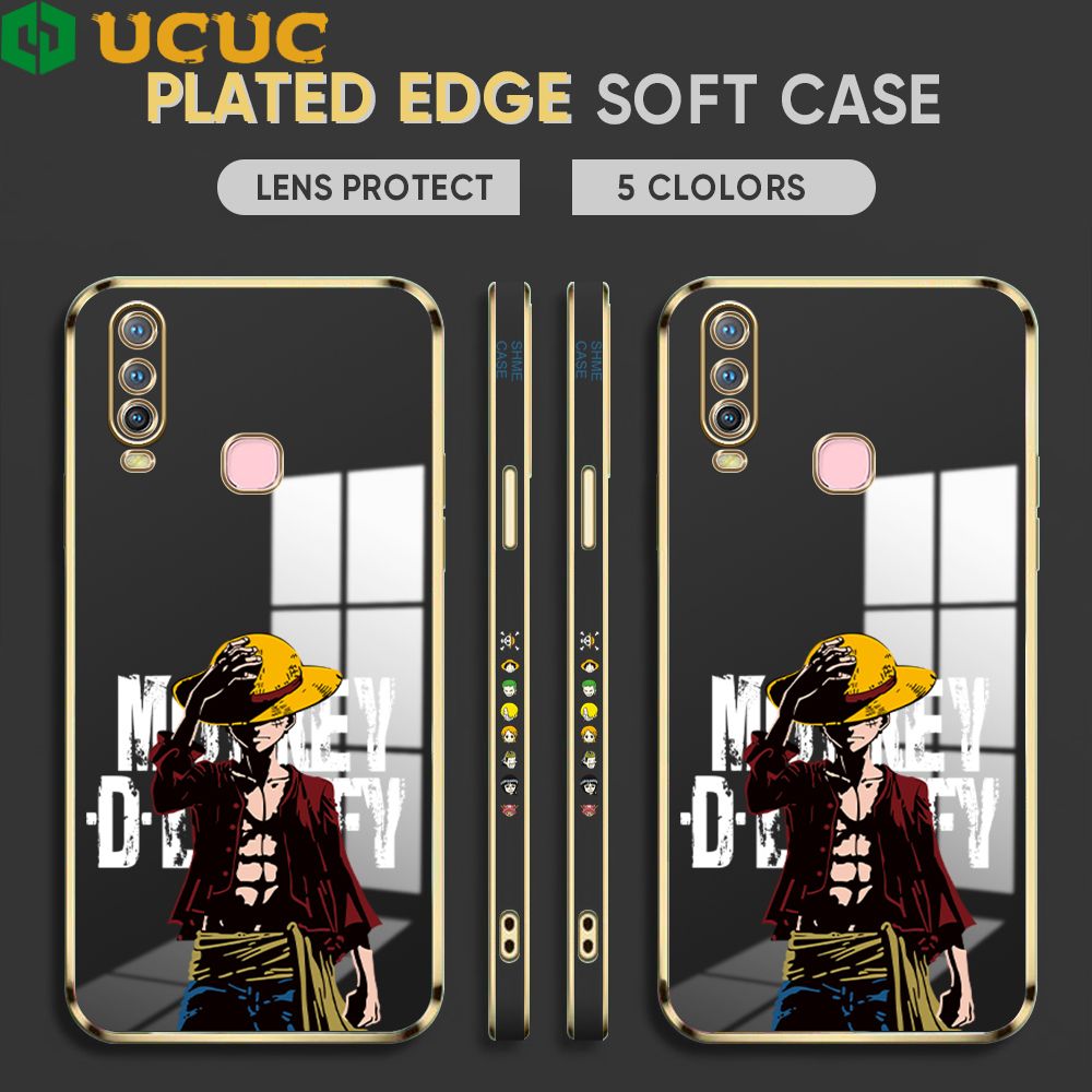 UCUC for Vivo Y17 Cover Holding Cap Luffy Luxury 6D Plating Soft Casing Silicone Square Frame Phone Case Shiny Bling Back Cover + Free Lanyard