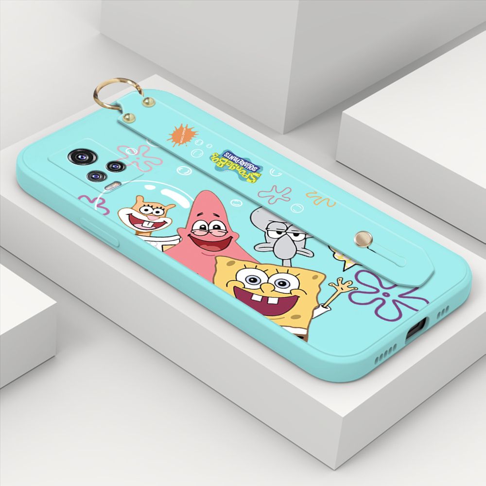 ZeroQiQi for Vivo V20 Pro Wrist Strap Case Cute Cute Funny Cartoon Sponge for Square Pants Cover Square Edge Liquid Silicone Anti-drop Phone Case