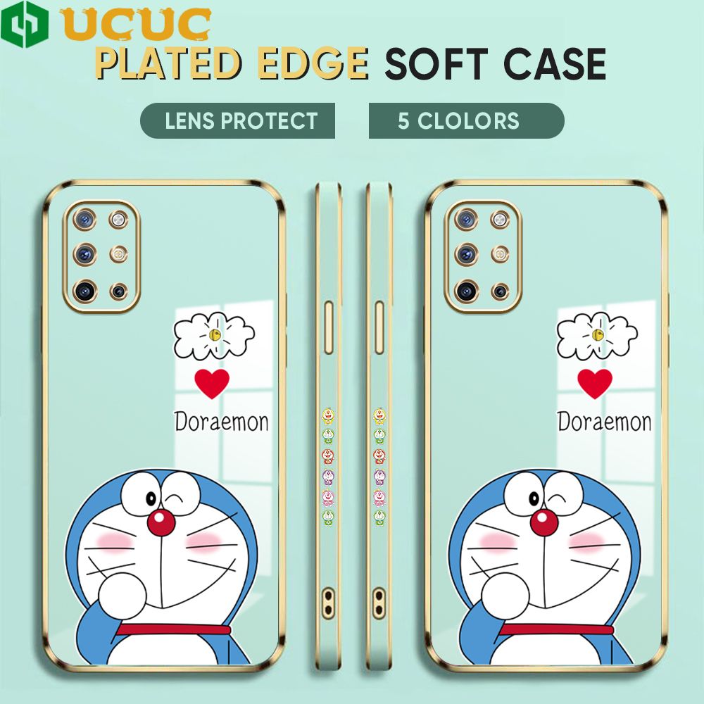 UCUC for OnePlus 8T Back Cover + Free Lanyard Sneak Doraemon Luxury 6D Plating Case Side Pattern Soft Silicone Square Phone Cases
