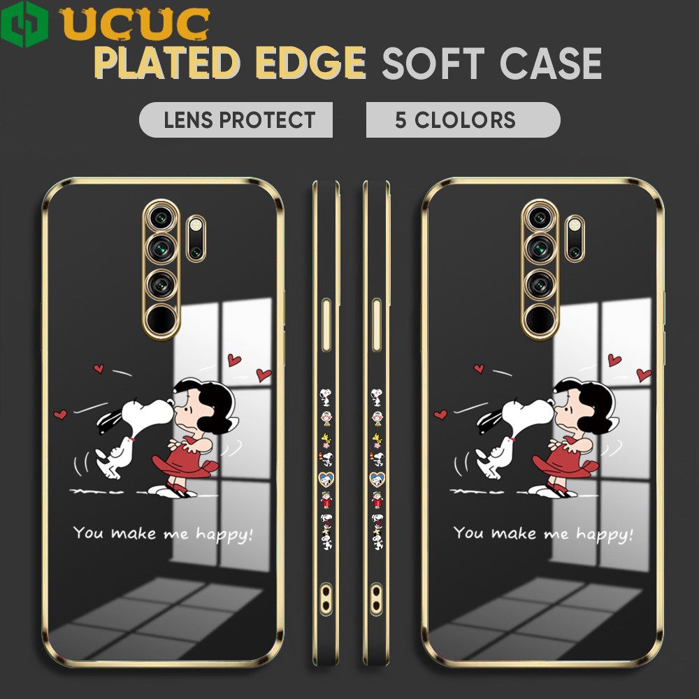 UCUC for Redmi Note 8 Pro Back Cover + Free Lanyard Happy Puppy Luxury 6D Plating Case Side Pattern Soft Silicone Square Phone Cases