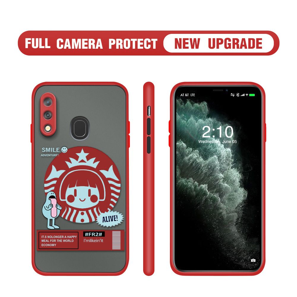 Hontinga for Samsung A20 A30 Case Cute Coffee Girl Camera Shockproof Protection Casing Edge Frosted Transparent Phone Cover