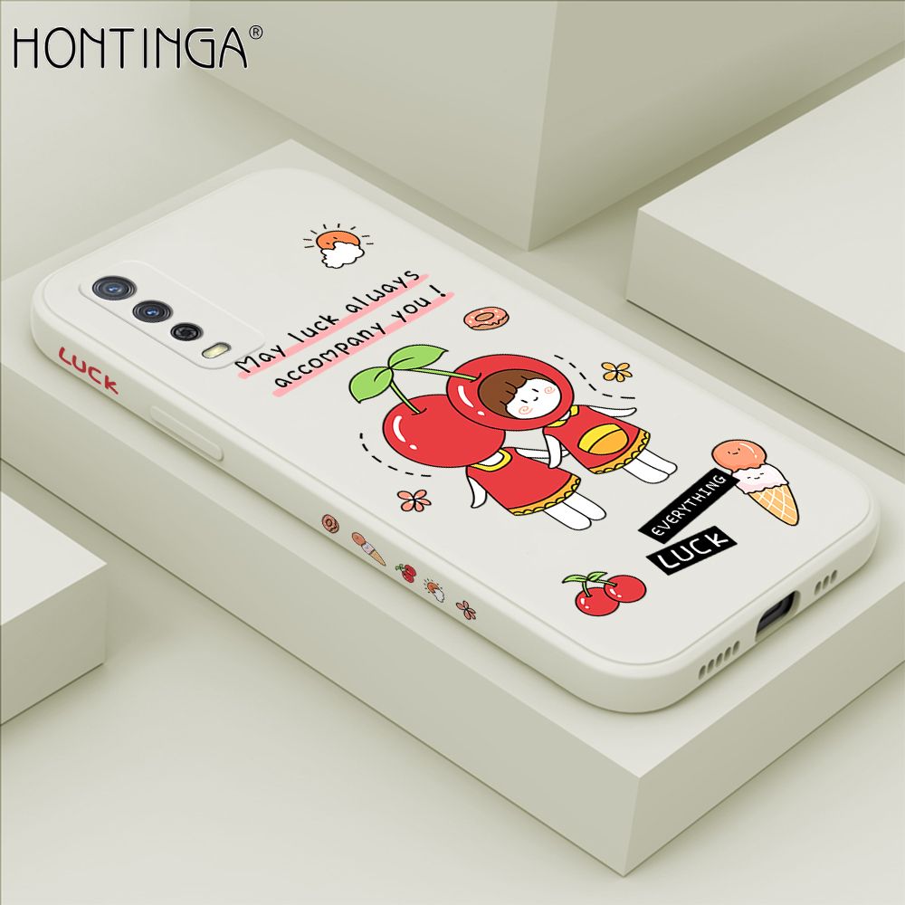 Hontinga for Vivo Y20i Case Side Design Cute Cherry Girl Back Cover Soft Square Edge Pattern Liquid Silicone Trend Phone Cases